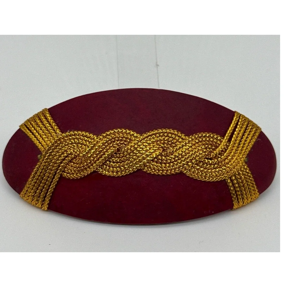 Vintage 80s 90s Burgundy Red Gold Braided Rope Oval Hair Barrette French Clip